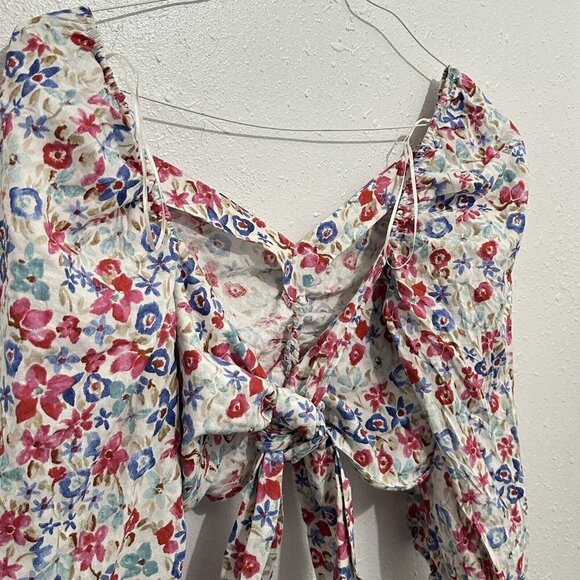 Zara Womens S White Linen Blend Floral Printed Blouse Top Puff Sleeve Tie Back - Picture 9 of 13